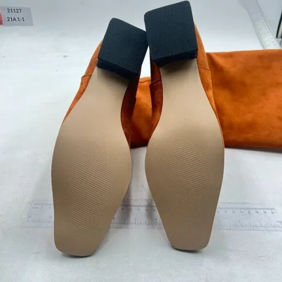 Women Square Toe Knee High Boot Wide Calf Low Chunky Heel Flat Long Boot Orange - Picture 6 of 7